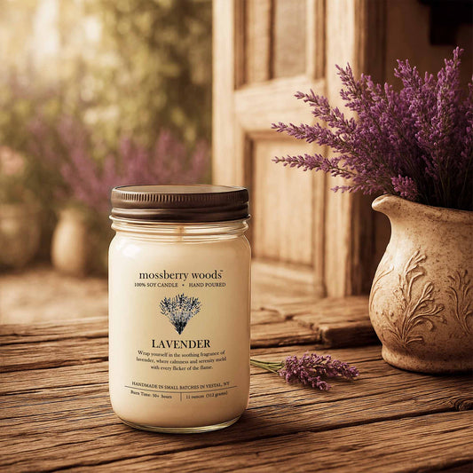 Lavender scented candle in a mason jar on a rustic wooden table with lavender flowers in the background