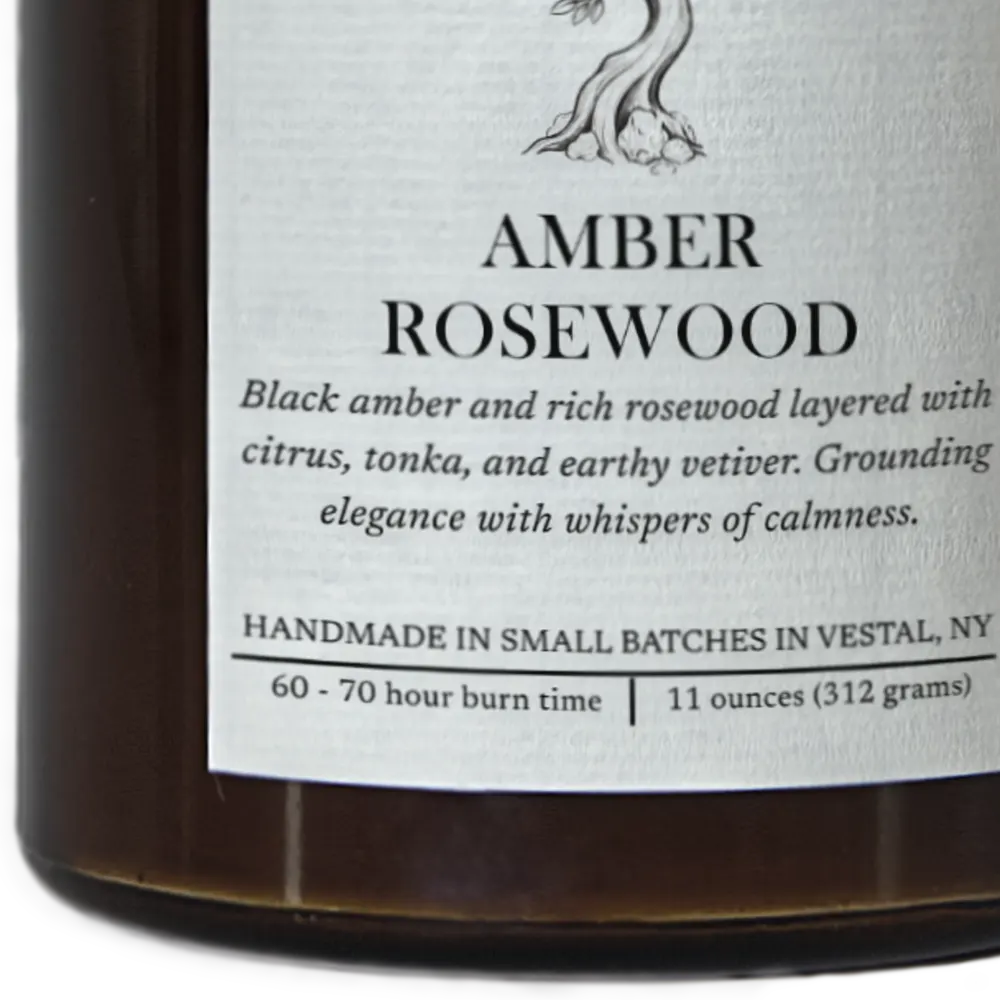 Closeup of the Amber Rosewood Rustic  Candle showing the color and texture of the label.