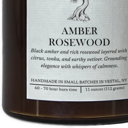 Closeup of the Amber Rosewood Rustic  Candle showing the color and texture of the label.