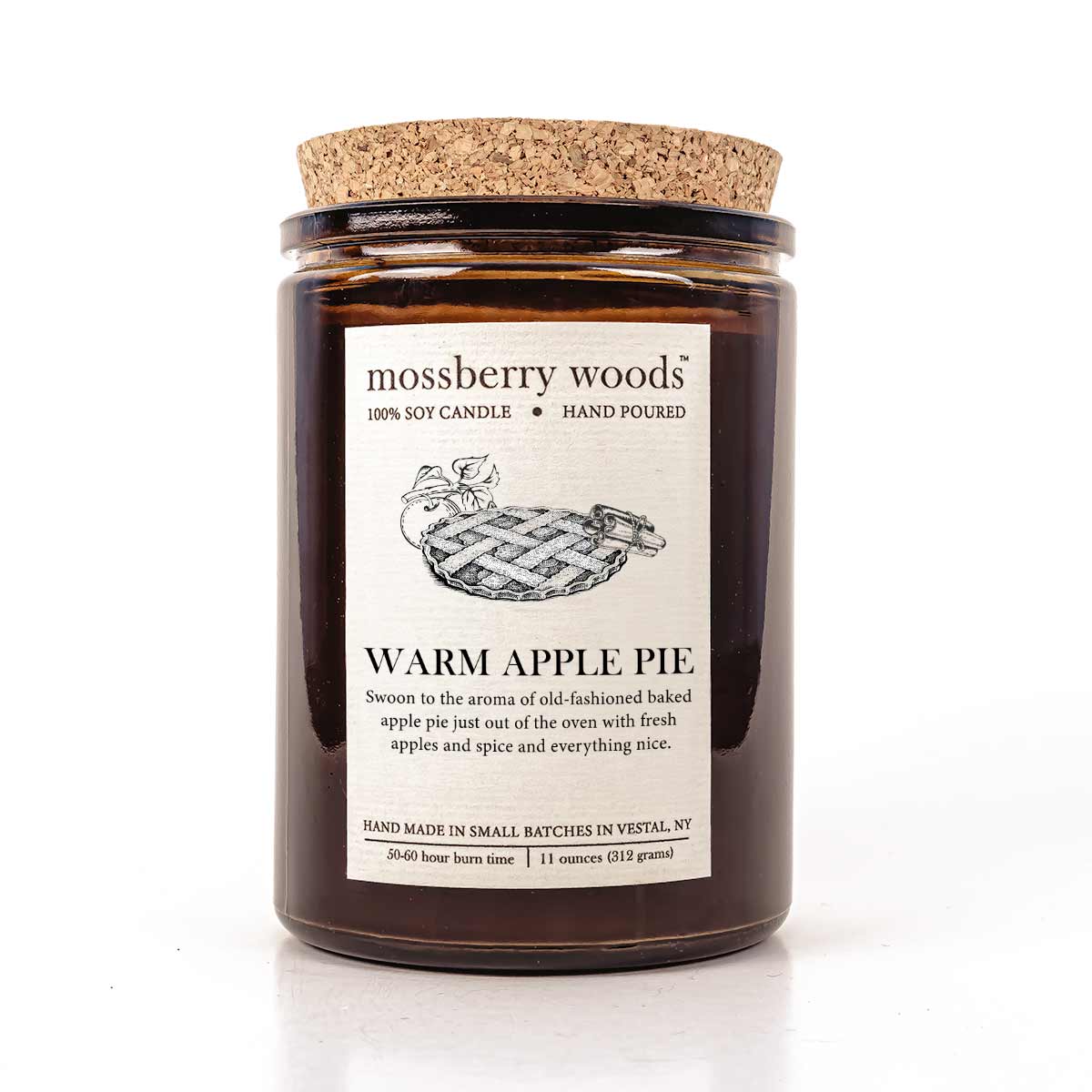 Rustic amber candle with cork lid and an apple pie on the label