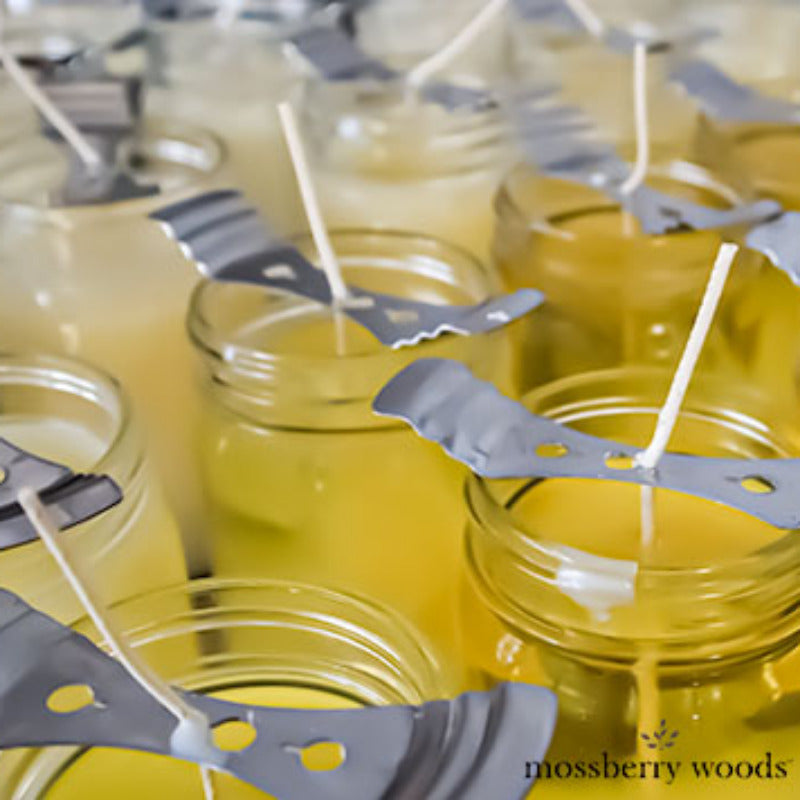 Jars of curing candles with wick holders showing a freshly poured batch of Mossberry Woods soy candles.
