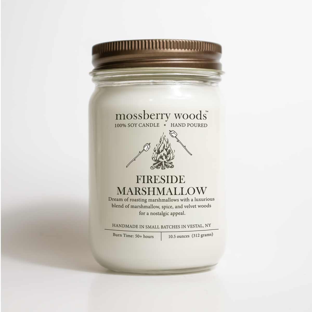 Mason jar candle with a campfire and marshmallow sticks illustration