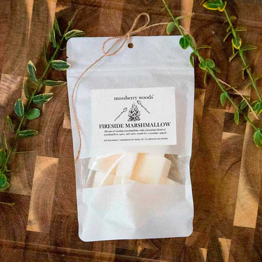 Fireside Marshmallow scented soy wax melts in a white bag