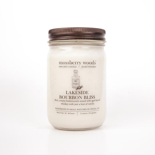 Lakeside Bourbon Bliss Country Cottage Candle in a mason jar with a rustic brown lid on a white background