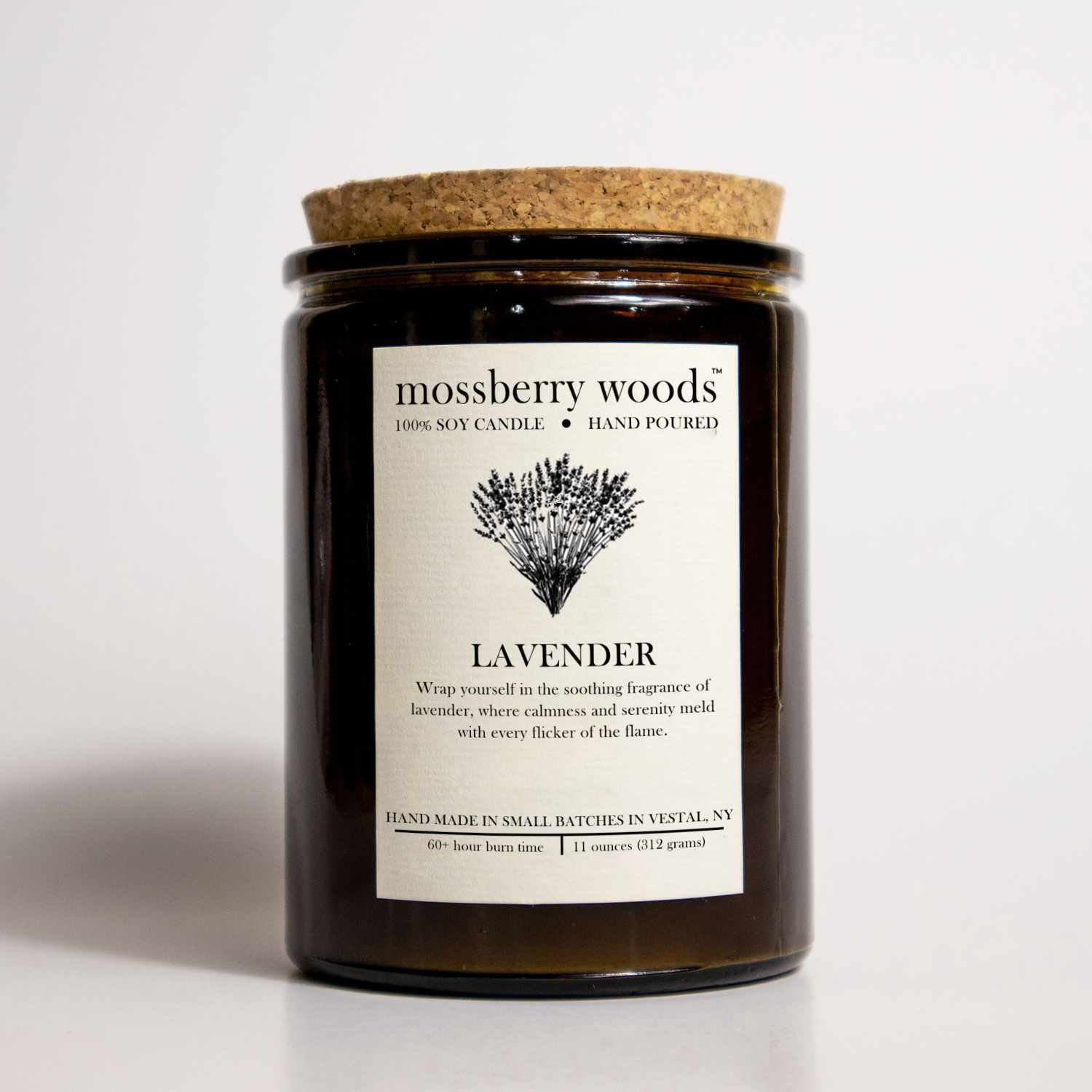 Lavender rustic candle in amber jar with a cork lid