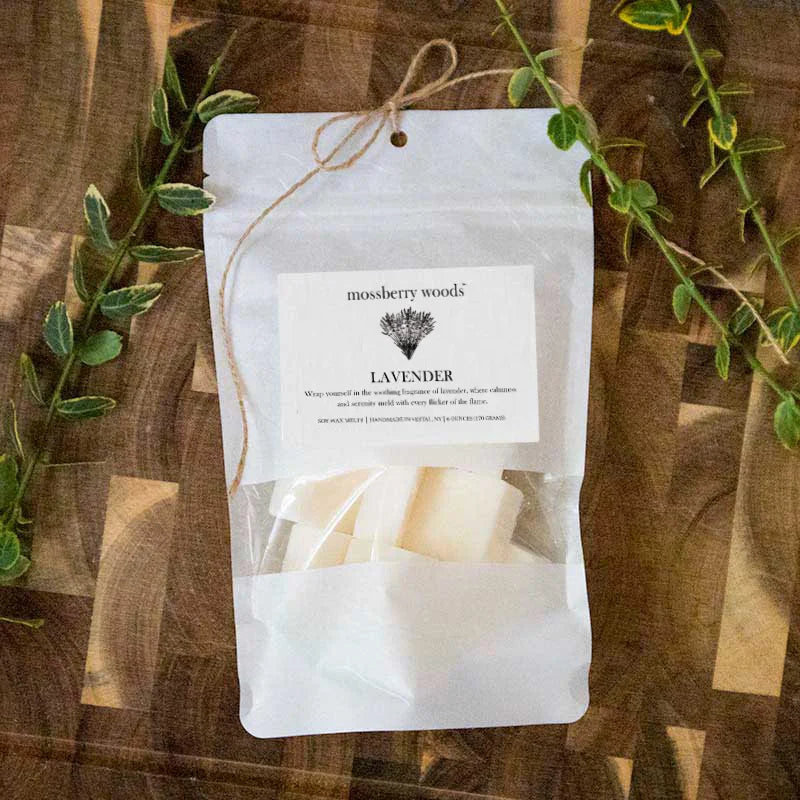A bag of Mossberry Woods Lavender wax melts