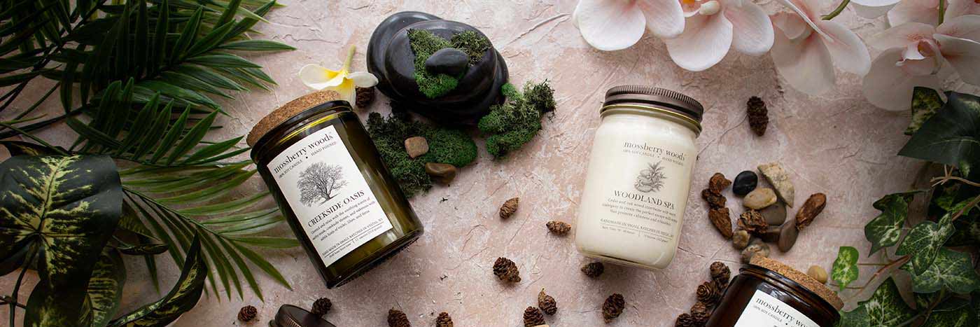Image of our signature soy candles including creekside oasis and woodland spa