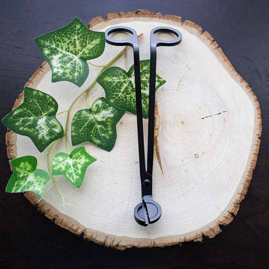 Candle wick trimmers in matte black on a wood disk with ivy in the background