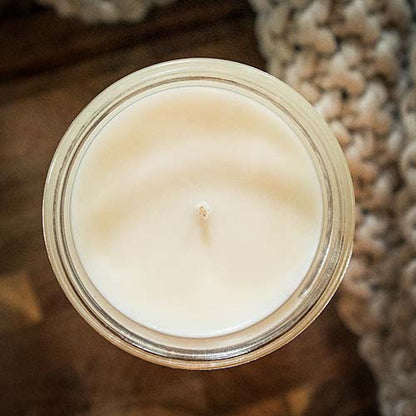 Top view of our country cottage candle showing its smooth, creamy soy wax and centered wick
